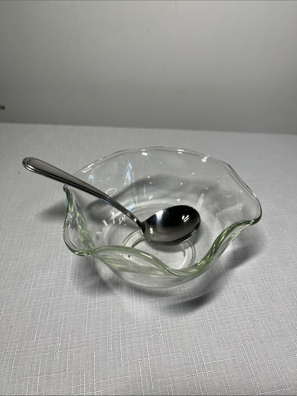 Vintage Wm Rogers & Son clear glass condiment bowl & World Stainless Spoon